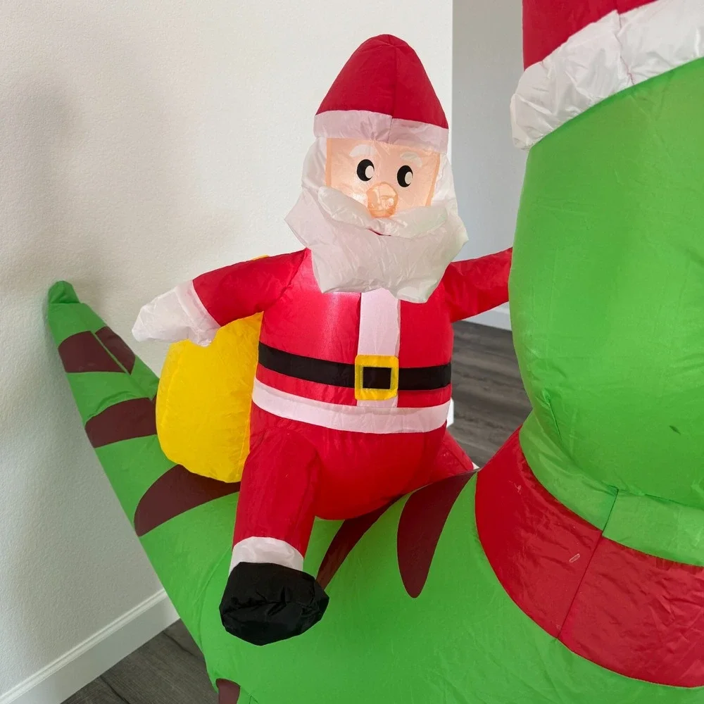 Christmas Santa Riding Dinosaur Airblown Inflatable Decor LED BlowUp Lawn‎ Dino